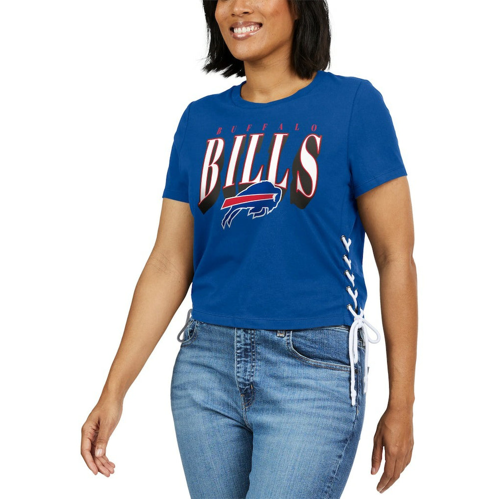 WEAR by Erin Andrews Women's Lace Up Side Modest Cropped T-Shirt - Buffalo Bills