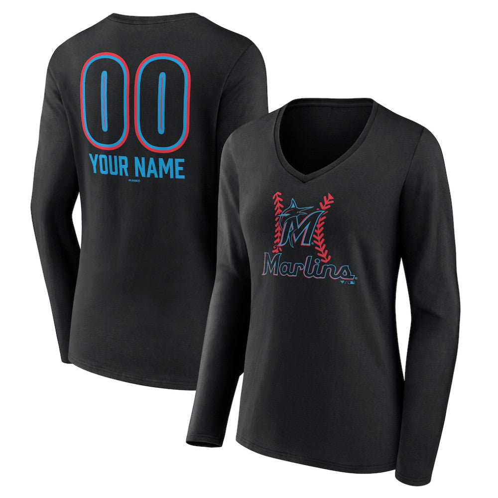 MLB Miami Marlins Women's Personalized Name & Number Fastball Long Sleeve V-Neck T-Shirt