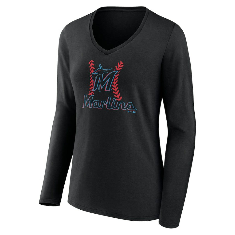 MLB Miami Marlins Women's Personalized Name & Number Fastball Long Sleeve V-Neck T-Shirt