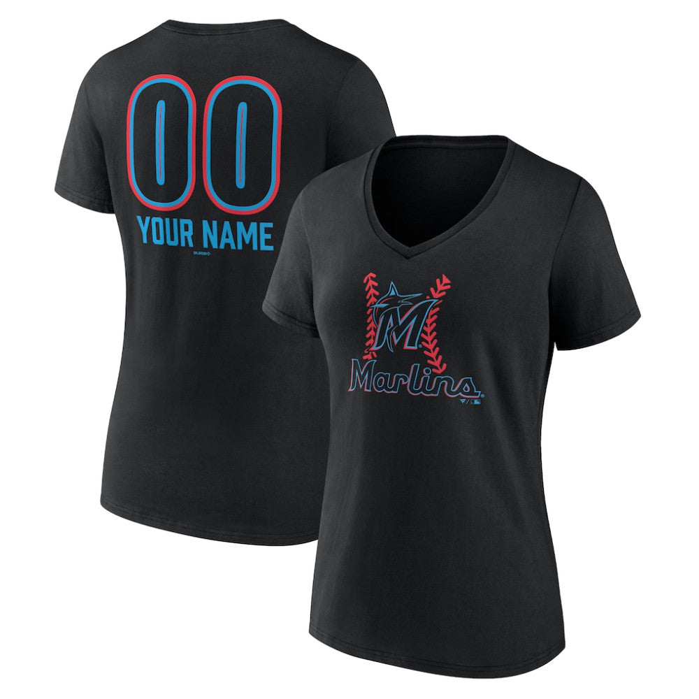 MLB Miami Marlins Women's Personalized Name & Number Fastball V-Neck T-Shirt
