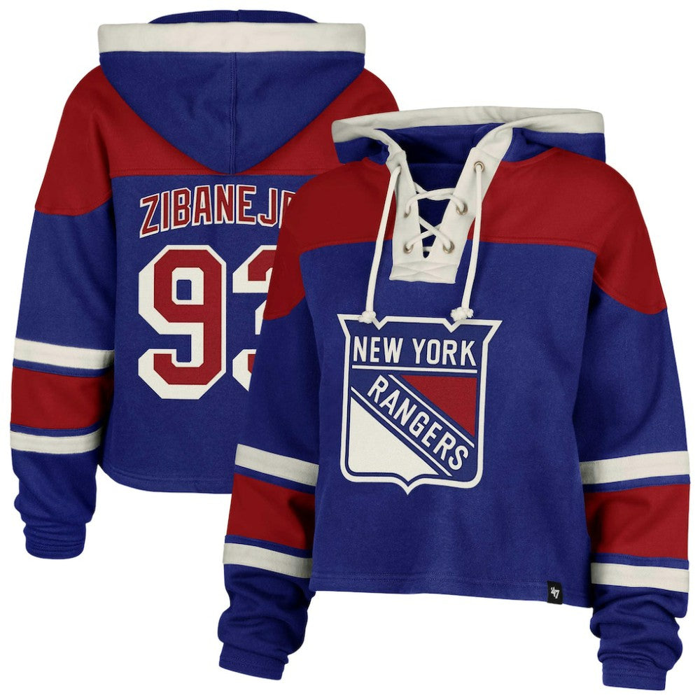 NHL Blue Mika Zibanejad New York Rangers '47 Women's Superior Lacer Cropped Pullover Hoodie