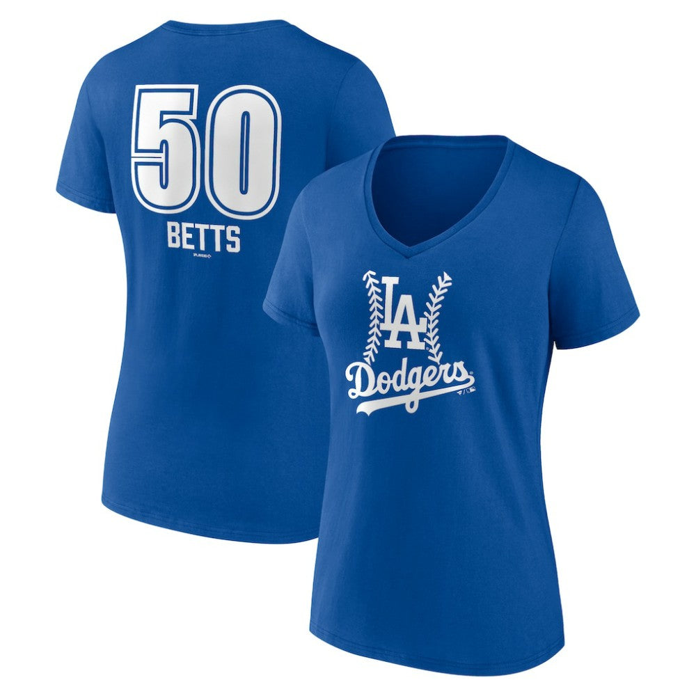 MLB Mookie Betts Los Angeles Dodgers Women's Fastball Player Name & Number V-Neck T-Shirt