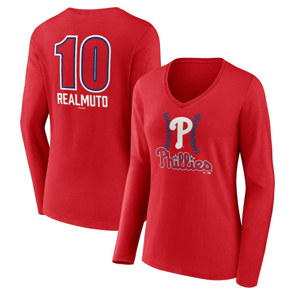 MLB J.T. Realmuto Philadelphia Phillies Women's Fastball Player Name & Number Long Sleeve V-Neck T-Shirt
