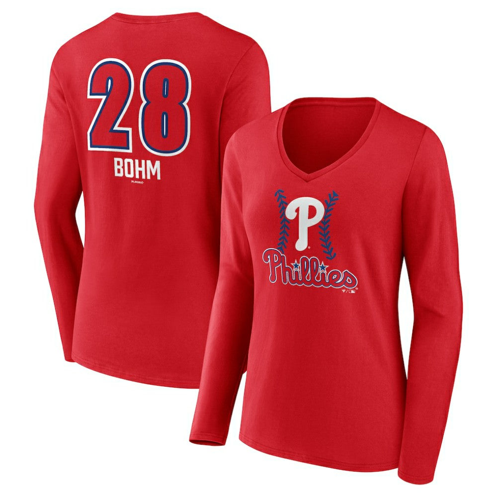 MLB Alec Bohm Philadelphia Phillies Women's Fastball Player Name & Number Long Sleeve V-Neck T-Shirt