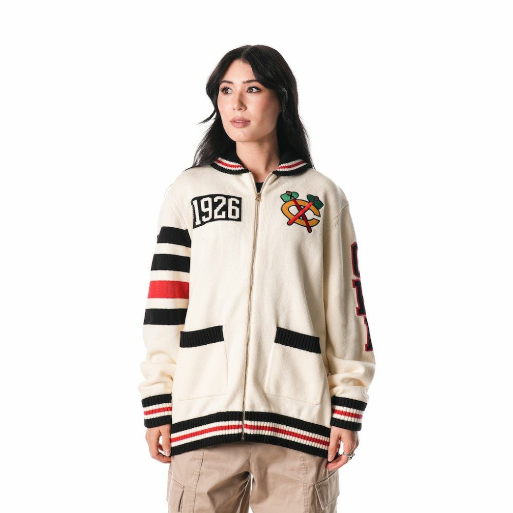 NHL Cream Chicago Blackhawks The Wild Collective Unisex Jacquard Full-Zip Sweater