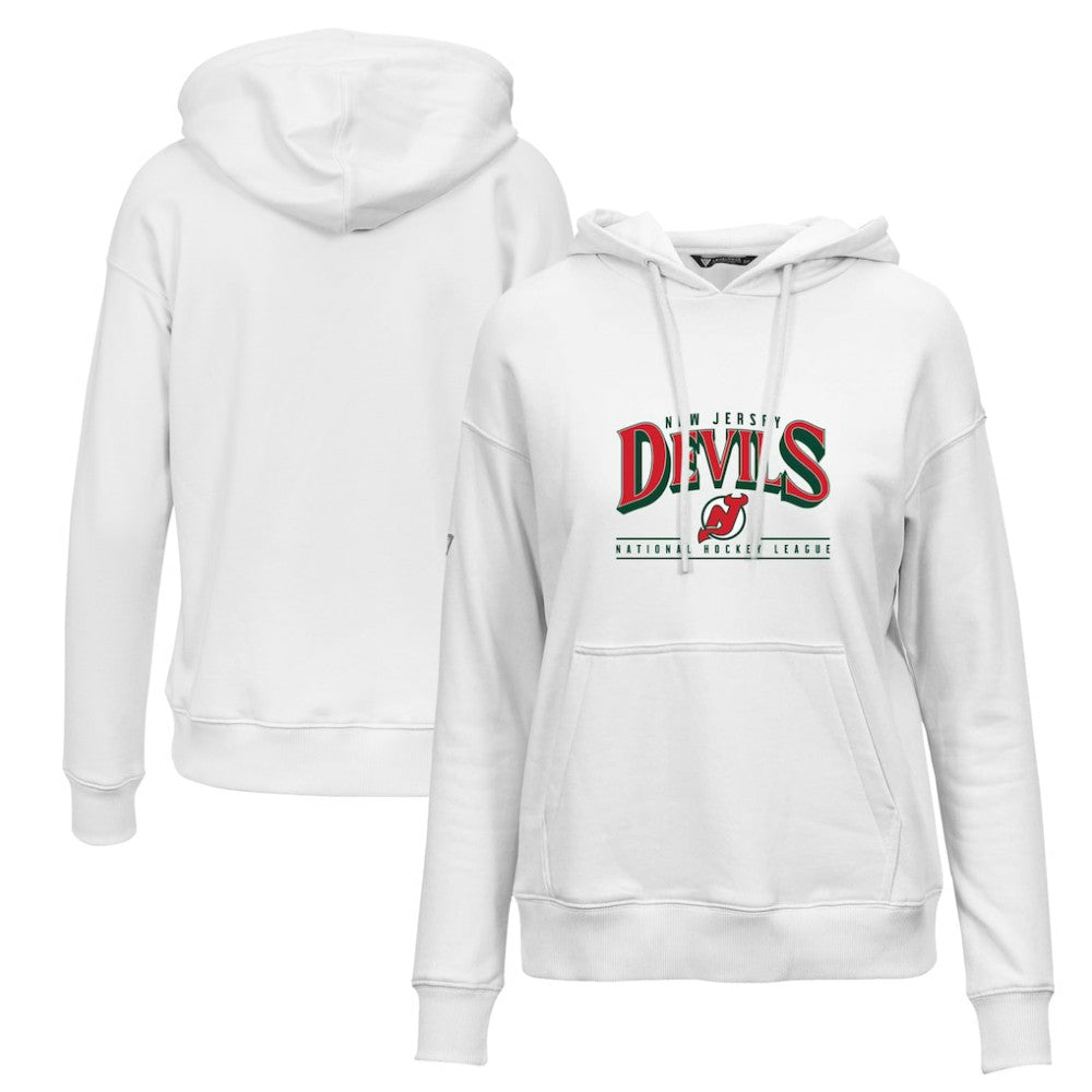 NHL White New Jersey Devils Levelwear Women's Retro Adorn Spellout Pullover Hoodie