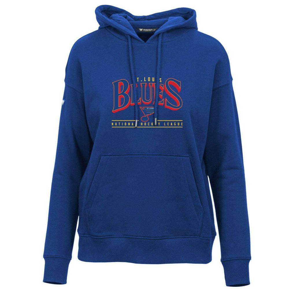 NHL Blue St. Louis Blues Levelwear Women's Retro Adorn Spellout Pullover Hoodie