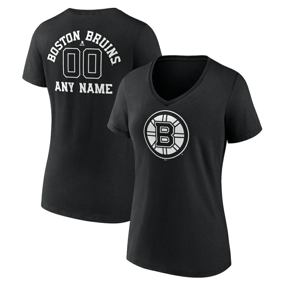 NHL Black Boston Bruins Women's Personalized Name & Number Monochrome V-Neck T-Shirt