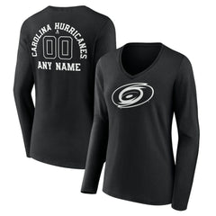 NHL Black Carolina Hurricanes Women's Personalized Name & Number Monochrome Long Sleeve V-Neck T-Shirt