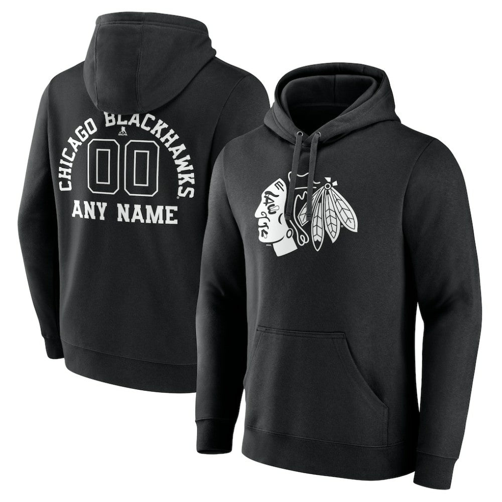 NHL Black Chicago Blackhawks Personalized Name & Number Monochrome Pullover Hoodie