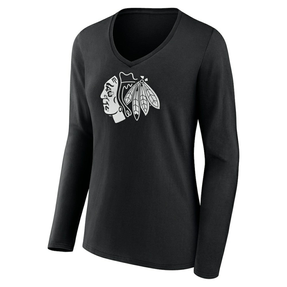 NHL Black Chicago Blackhawks Women's Personalized Name & Number Monochrome Long Sleeve V-Neck T-Shirt