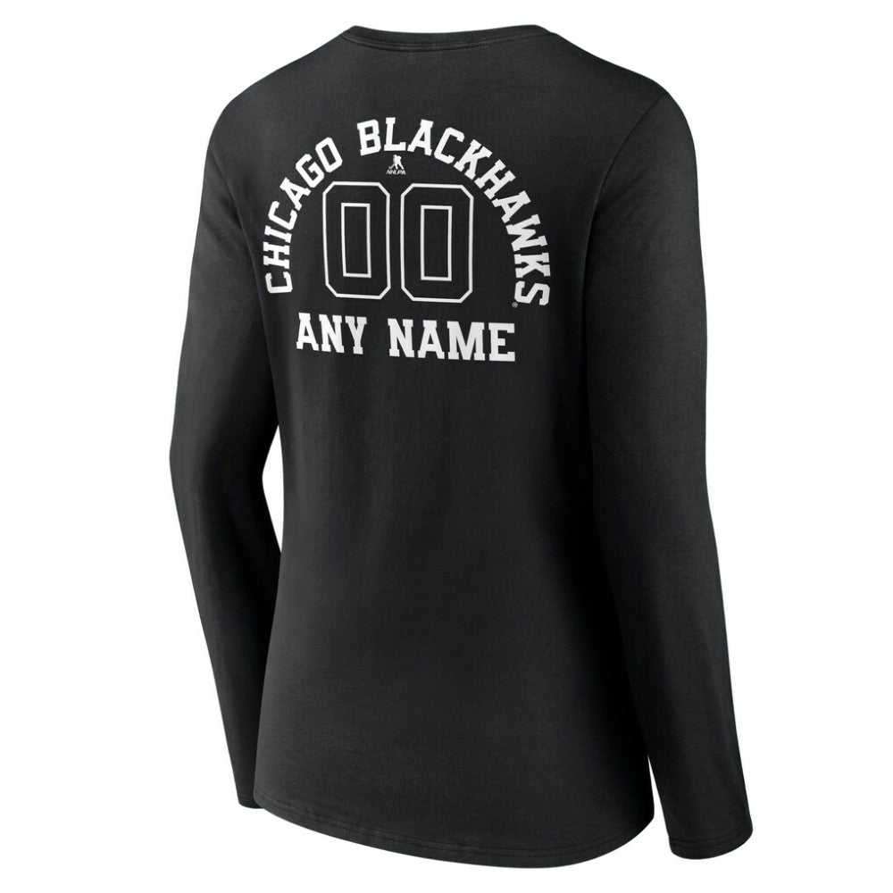 NHL Black Chicago Blackhawks Women's Personalized Name & Number Monochrome Long Sleeve V-Neck T-Shirt