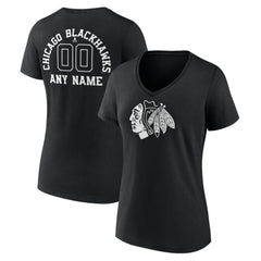 NHL Black Chicago Blackhawks Women's Personalized Name & Number Monochrome V-Neck T-Shirt