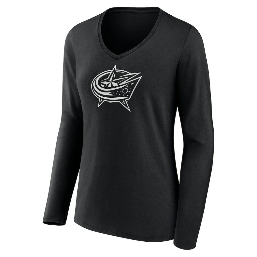 NHL Black Columbus Blue Jackets Women's Personalized Name & Number Monochrome Long Sleeve V-Neck T-Shirt