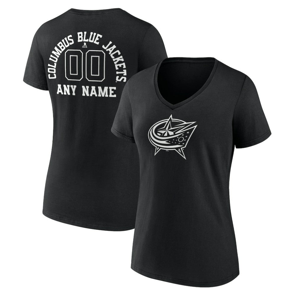 NHL Black Columbus Blue Jackets Women's Personalized Name & Number Monochrome V-Neck T-Shirt