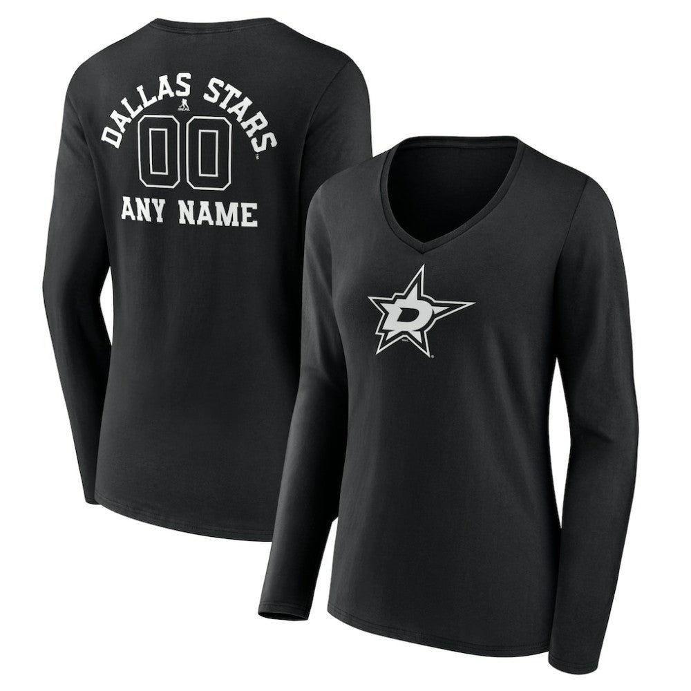 NHL Black Dallas Stars Women's Personalized Name & Number Monochrome Long Sleeve V-Neck T-Shirt