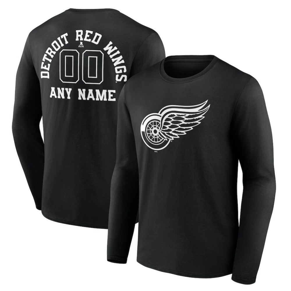 NHL Black Detroit Red Wings Personalized Name & Number Monochrome Long Sleeve T-Shirt