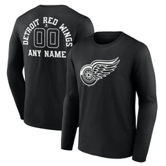 NHL Black Detroit Red Wings Personalized Name & Number Monochrome Long Sleeve T-Shirt
