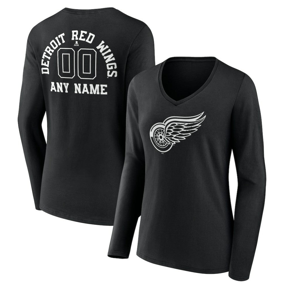 NHL Black Detroit Red Wings Women's Personalized Name & Number Monochrome Long Sleeve V-Neck T-Shirt