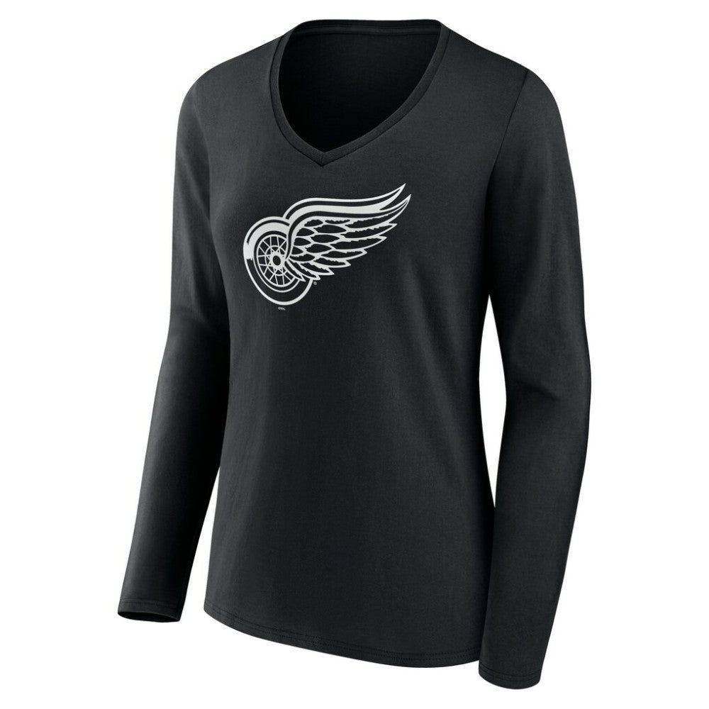 NHL Black Detroit Red Wings Women's Personalized Name & Number Monochrome Long Sleeve V-Neck T-Shirt