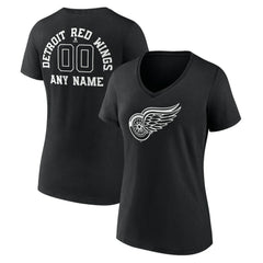 NHL Black Detroit Red Wings Women's Personalized Name & Number Monochrome V-Neck T-Shirt