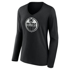 NHL Black Edmonton Oilers Women's Personalized Name & Number Monochrome Long Sleeve V-Neck T-Shirt