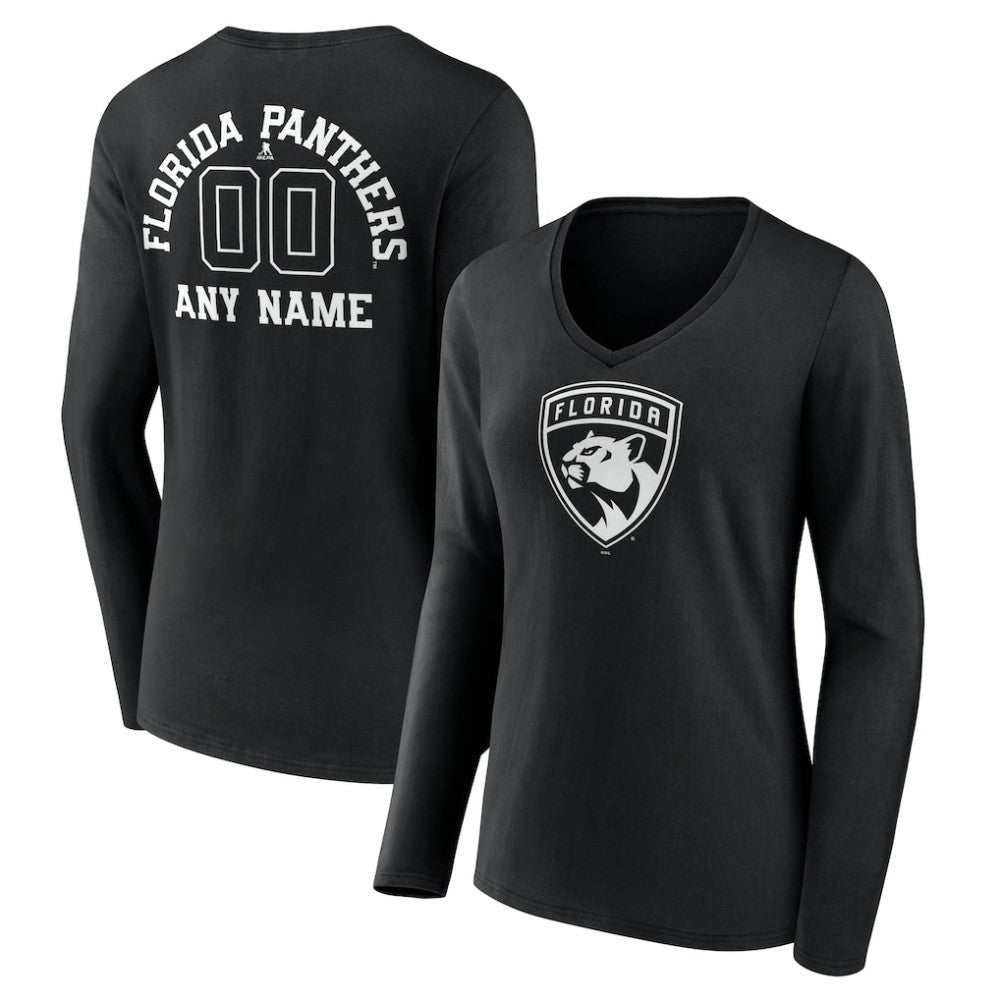 NHL Black Florida Panthers Women's Personalized Name & Number Monochrome Long Sleeve V-Neck T-Shirt