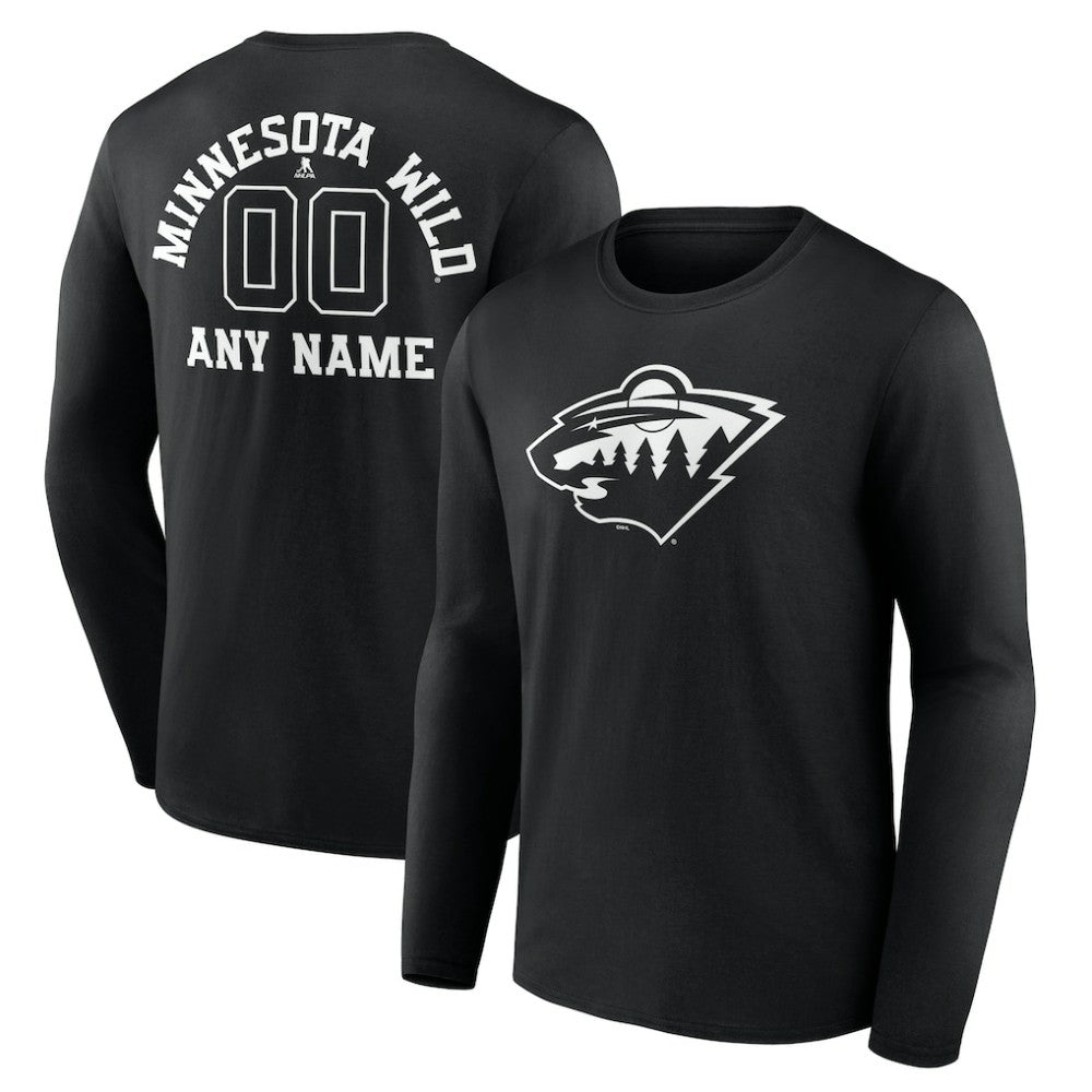 NHL Black Minnesota Wild Personalized Name & Number Monochrome Long Sleeve T-Shirt