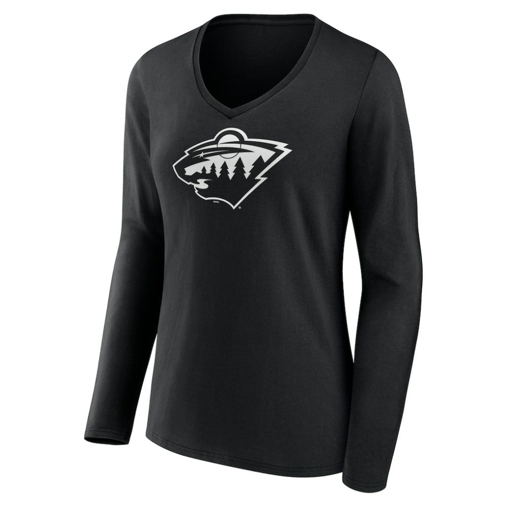 NHL Black Minnesota Wild Women's Personalized Name & Number Monochrome Long Sleeve V-Neck T-Shirt