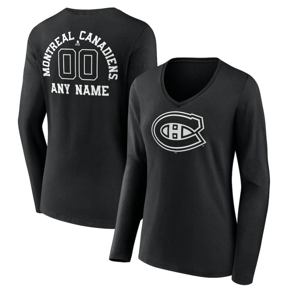 NHL Black Montreal Canadiens Women's Personalized Name & Number Monochrome Long Sleeve V-Neck T-Shirt