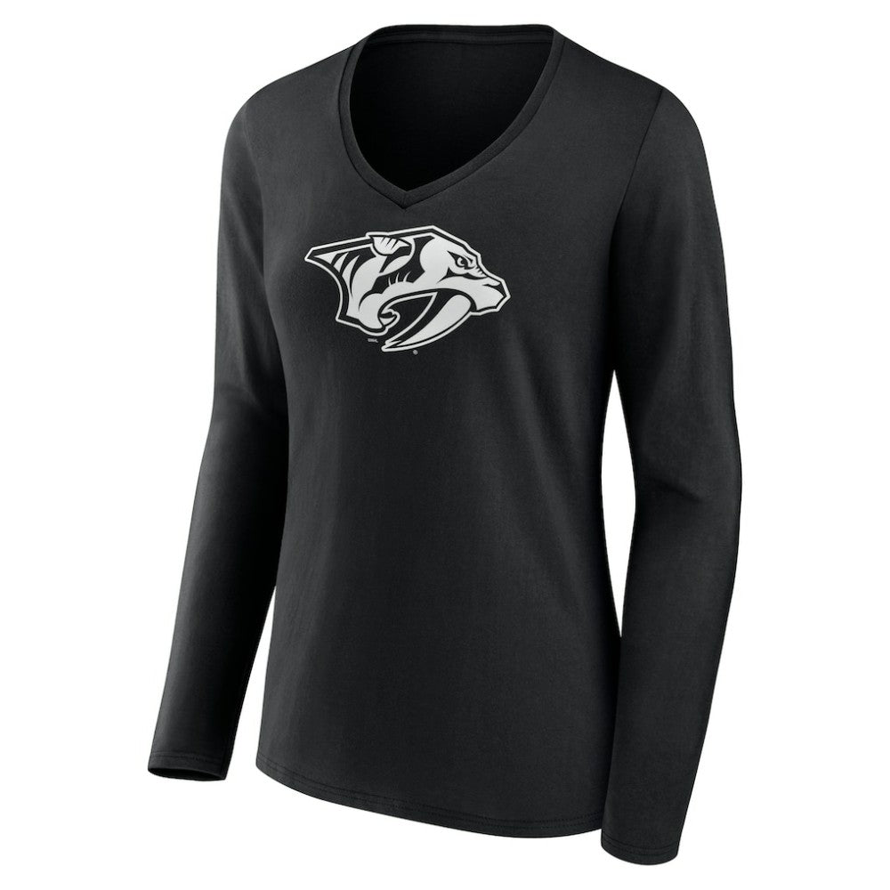 NHL Black Nashville Predators Women's Personalized Name & Number Monochrome Long Sleeve V-Neck T-Shirt