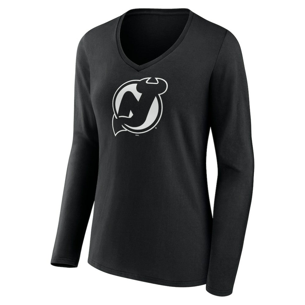 NHL Black New Jersey Devils Women's Personalized Name & Number Monochrome Long Sleeve V-Neck T-Shirt