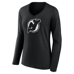 NHL Black New Jersey Devils Women's Personalized Name & Number Monochrome Long Sleeve V-Neck T-Shirt