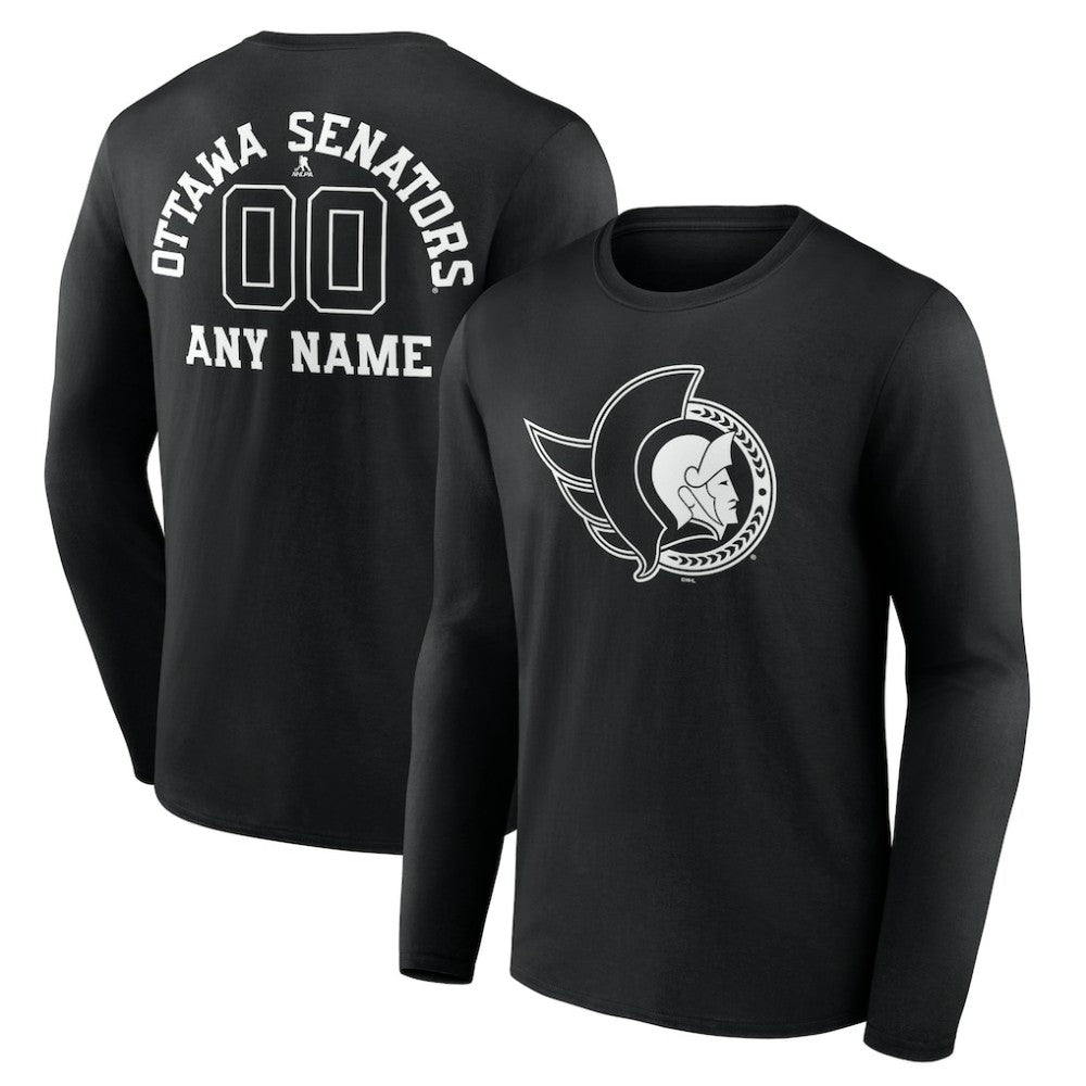 NHL Black Ottawa Senators Personalized Name & Number Monochrome Long Sleeve T-Shirt