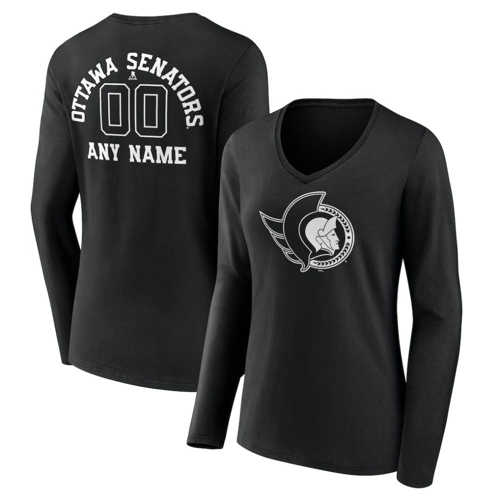 NHL Black Ottawa Senators Women's Personalized Name & Number Monochrome Long Sleeve V-Neck T-Shirt