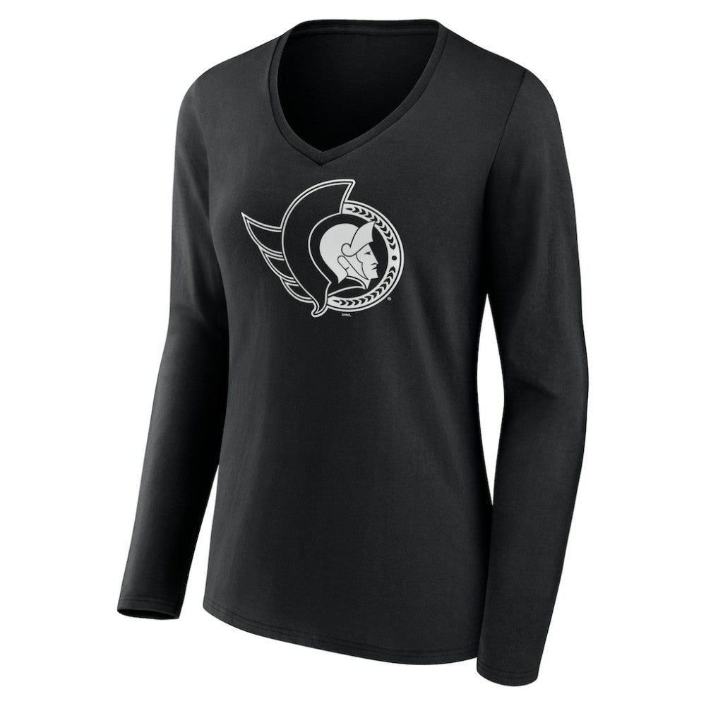 NHL Black Ottawa Senators Women's Personalized Name & Number Monochrome Long Sleeve V-Neck T-Shirt
