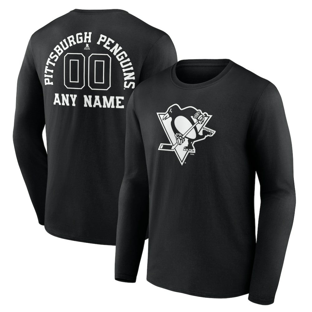 NHL Black Pittsburgh Penguins Personalized Name & Number Monochrome Long Sleeve T-Shirt