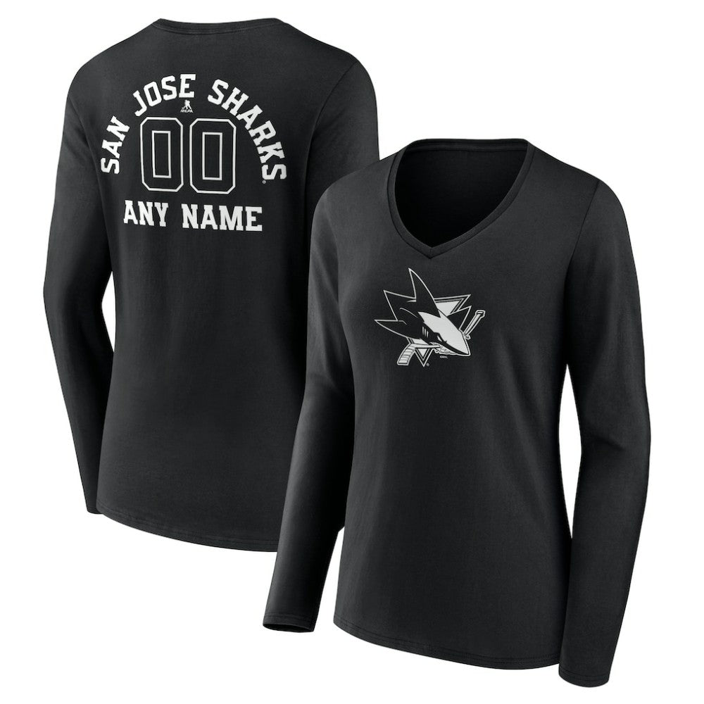 NHL Black San Jose Sharks Women's Personalized Name & Number Monochrome Long Sleeve V-Neck T-Shirt