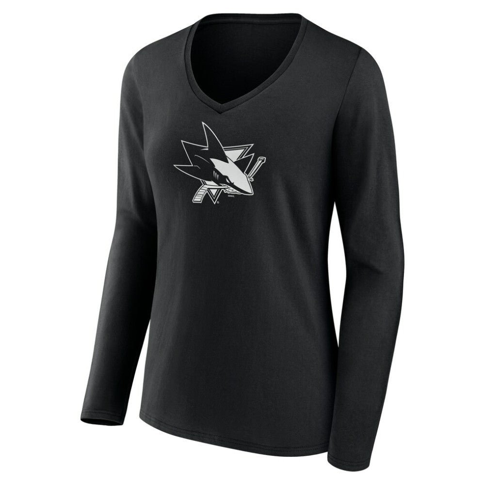 NHL Black San Jose Sharks Women's Personalized Name & Number Monochrome Long Sleeve V-Neck T-Shirt
