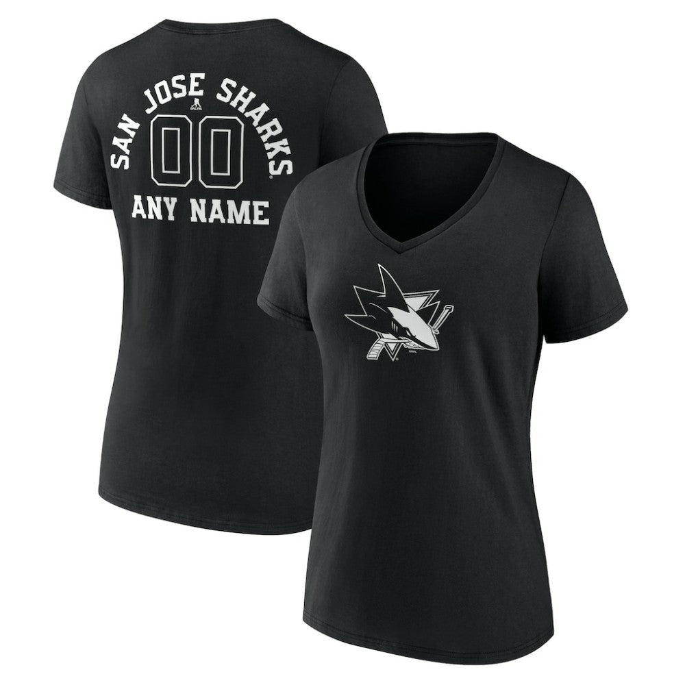 NHL Black San Jose Sharks Women's Personalized Name & Number Monochrome V-Neck T-Shirt