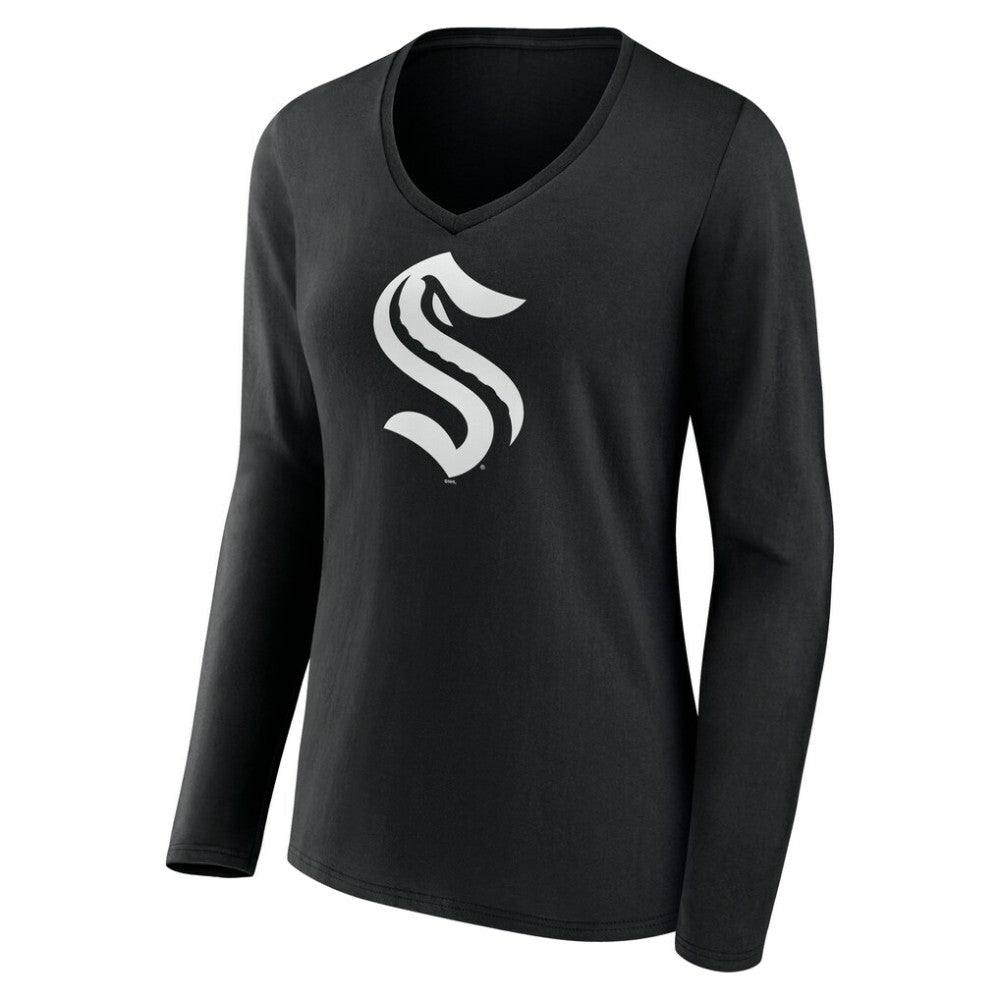 NHL Black Seattle Kraken Women's Personalized Name & Number Monochrome Long Sleeve V-Neck T-Shirt