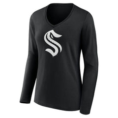 NHL Black Seattle Kraken Women's Personalized Name & Number Monochrome Long Sleeve V-Neck T-Shirt