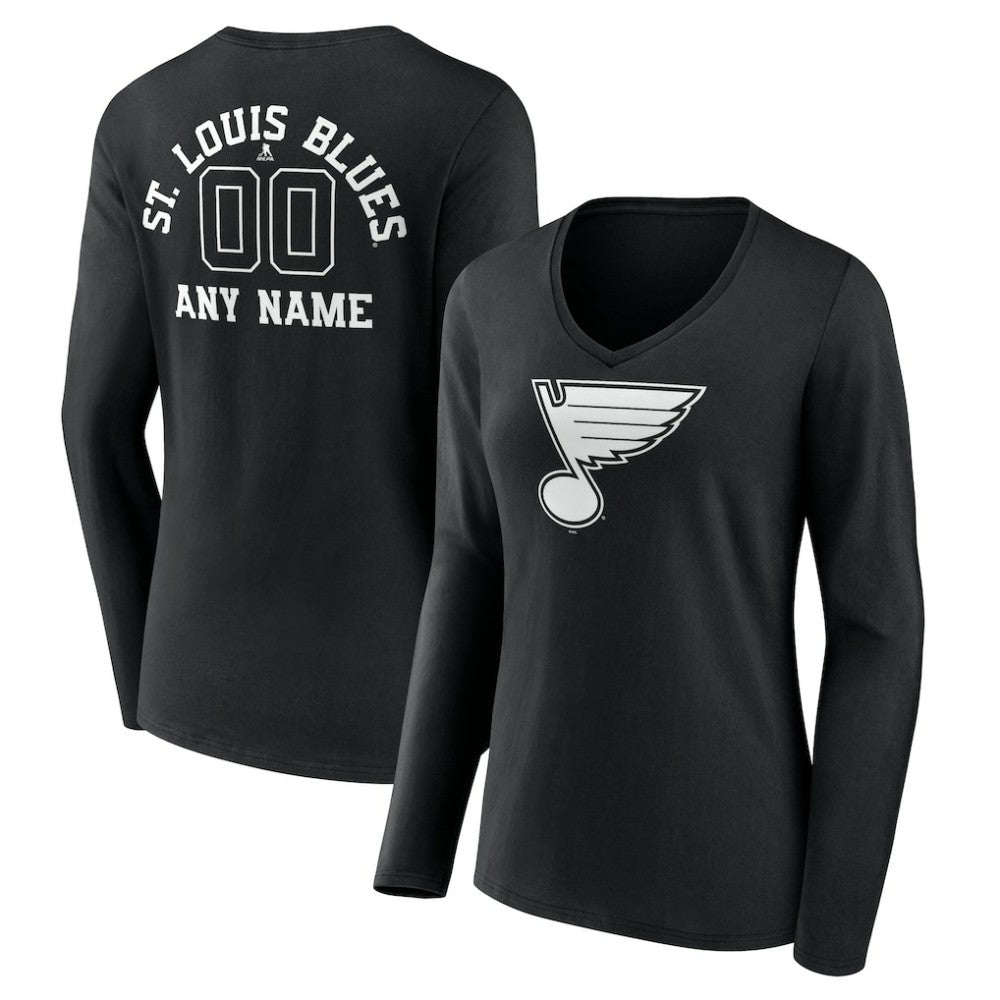 NHL Black St. Louis Blues Women's Personalized Name & Number Monochrome Long Sleeve V-Neck T-Shirt