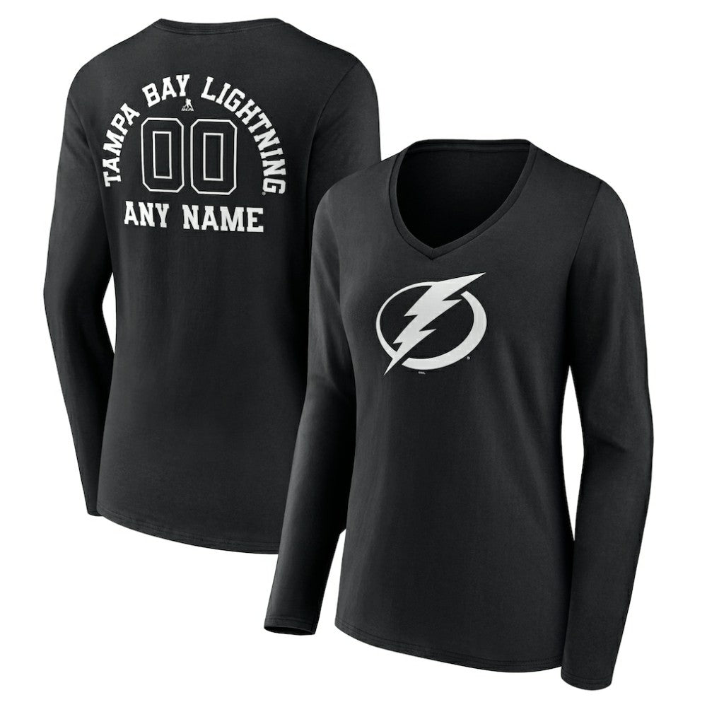 NHL Black Tampa Bay Lightning Women's Personalized Name & Number Monochrome Long Sleeve V-Neck T-Shirt