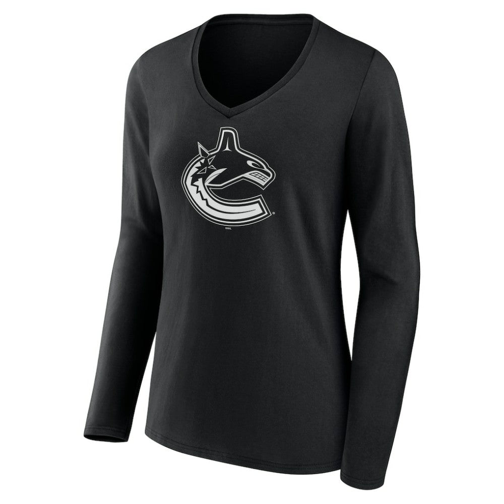 NHL Black Vancouver Canucks Women's Personalized Name & Number Monochrome Long Sleeve V-Neck T-Shirt