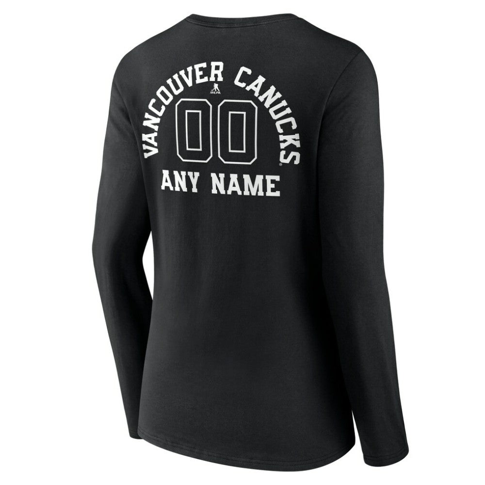 NHL Black Vancouver Canucks Women's Personalized Name & Number Monochrome Long Sleeve V-Neck T-Shirt