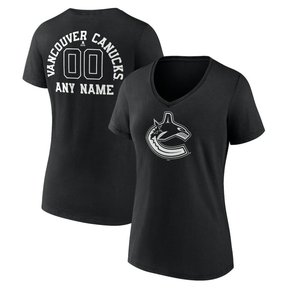 NHL Black Vancouver Canucks Women's Personalized Name & Number Monochrome V-Neck T-Shirt