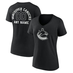 NHL Black Vancouver Canucks Women's Personalized Name & Number Monochrome V-Neck T-Shirt