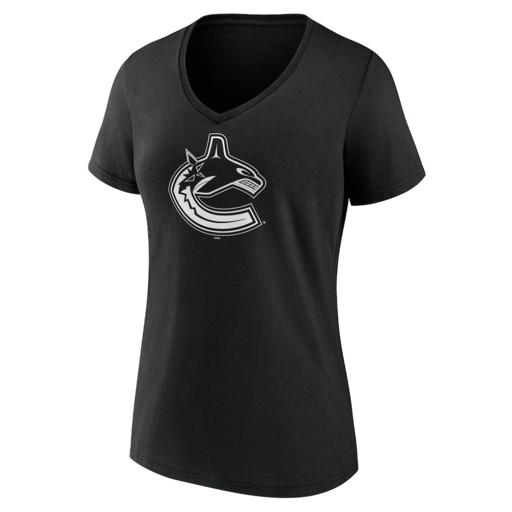 NHL Black Vancouver Canucks Women's Personalized Name & Number Monochrome V-Neck T-Shirt