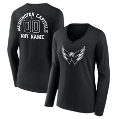 NHL Black Washington Capitals Women's Personalized Name & Number Monochrome Long Sleeve V-Neck T-Shirt